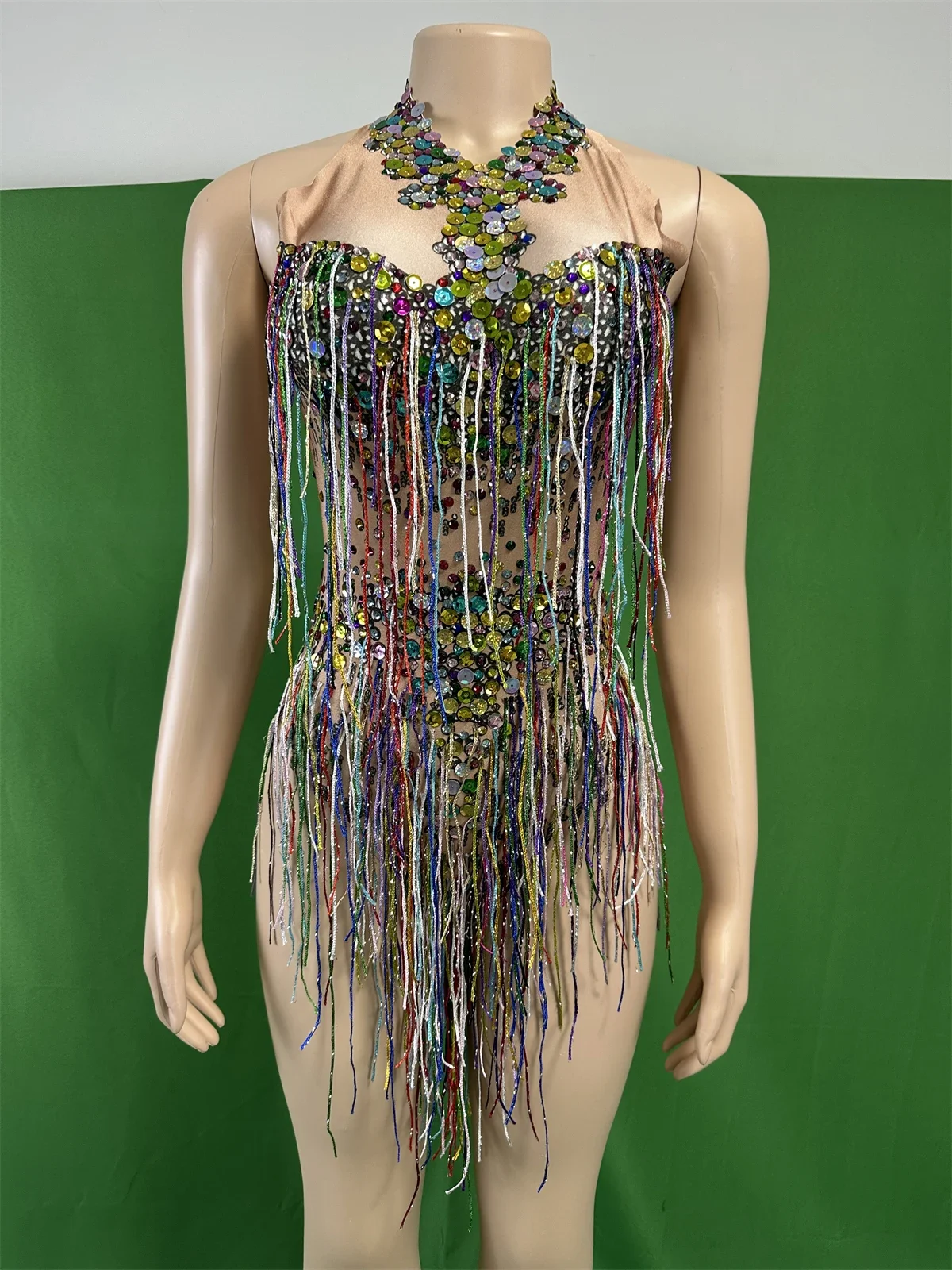 

Backless Halter Neck Bodysuits For Women Fringe Rhinestone Leotard Jazz Latin Dance Costume Cheerleading Team Glitter Outfits