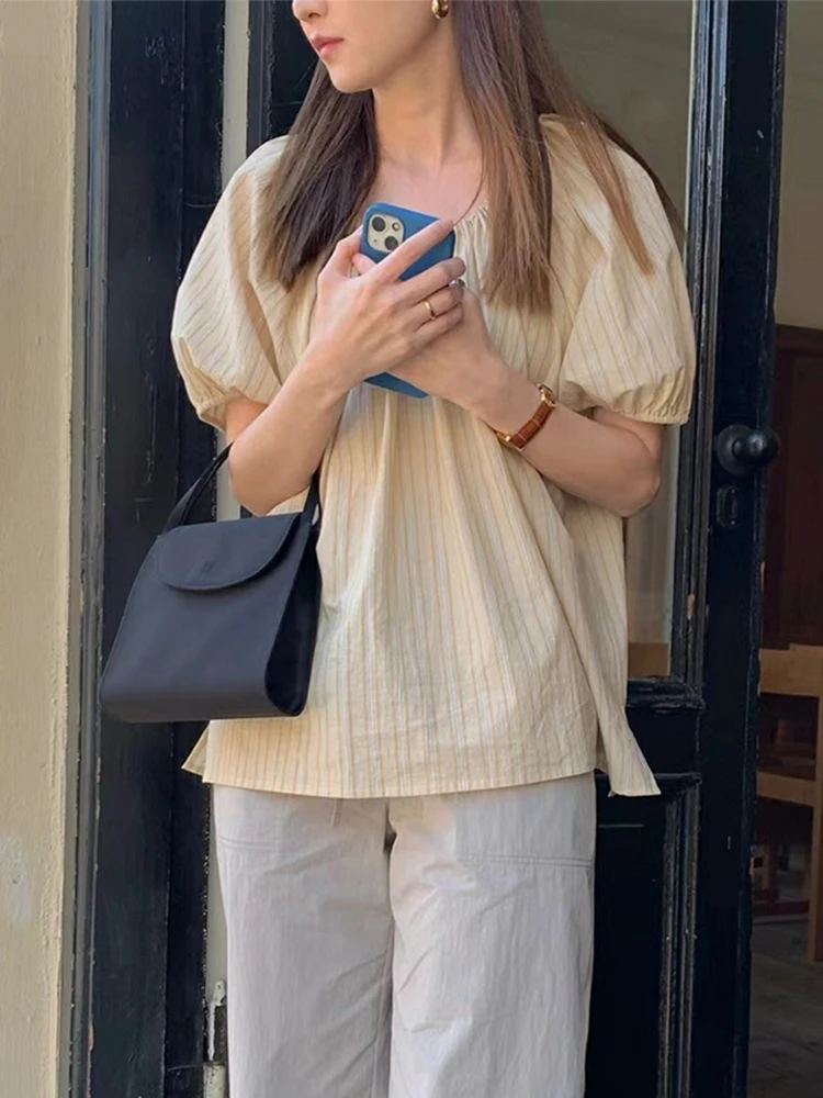 

Lerobe Women's Casual Loose Fit Striped Shirt round Necktie Korean Style Summer New Arrival Cotton Pure Color Business Shirt