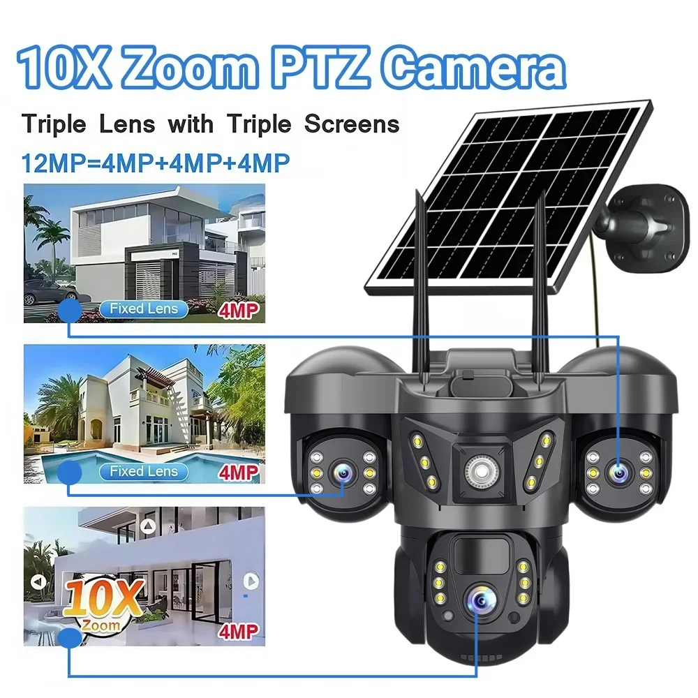 15MP Outdoor Solar 4G Camera Three Lens Three Screen PIR Motion Detection Cam Waterproof Night Vision Smart Security PTZ CCTV
