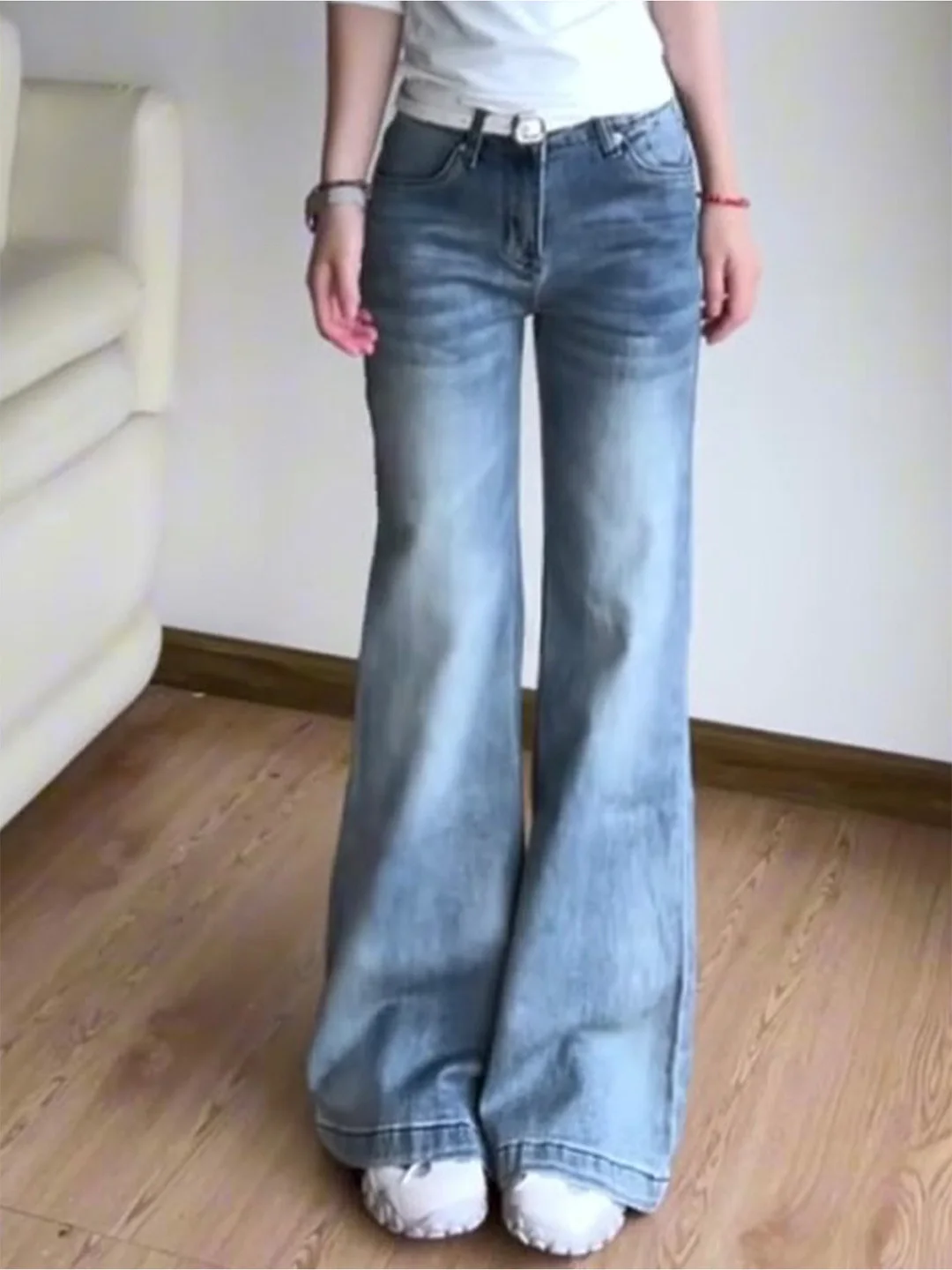 

Washed Blue American Style Bell Bottom Jeans High Waist Women's Streetwear Vintage Shorties Floor Length Trousers