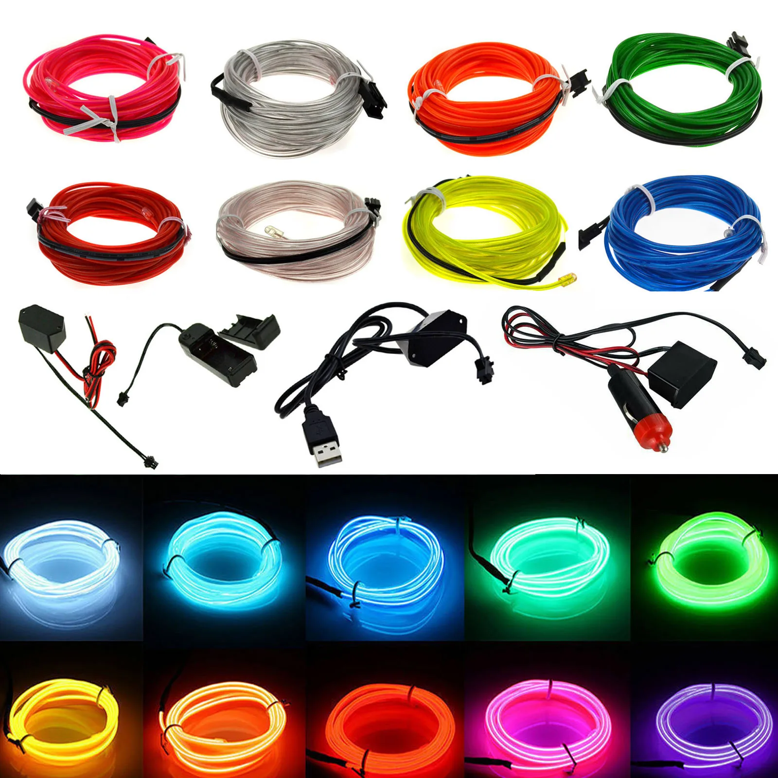 Flexible Neon Glow Car Light EL Wire LED Waterproof Rope DIY Car, Party, Room, Clothing Decoration, 1m, 2m, 3M, 4M, 5m