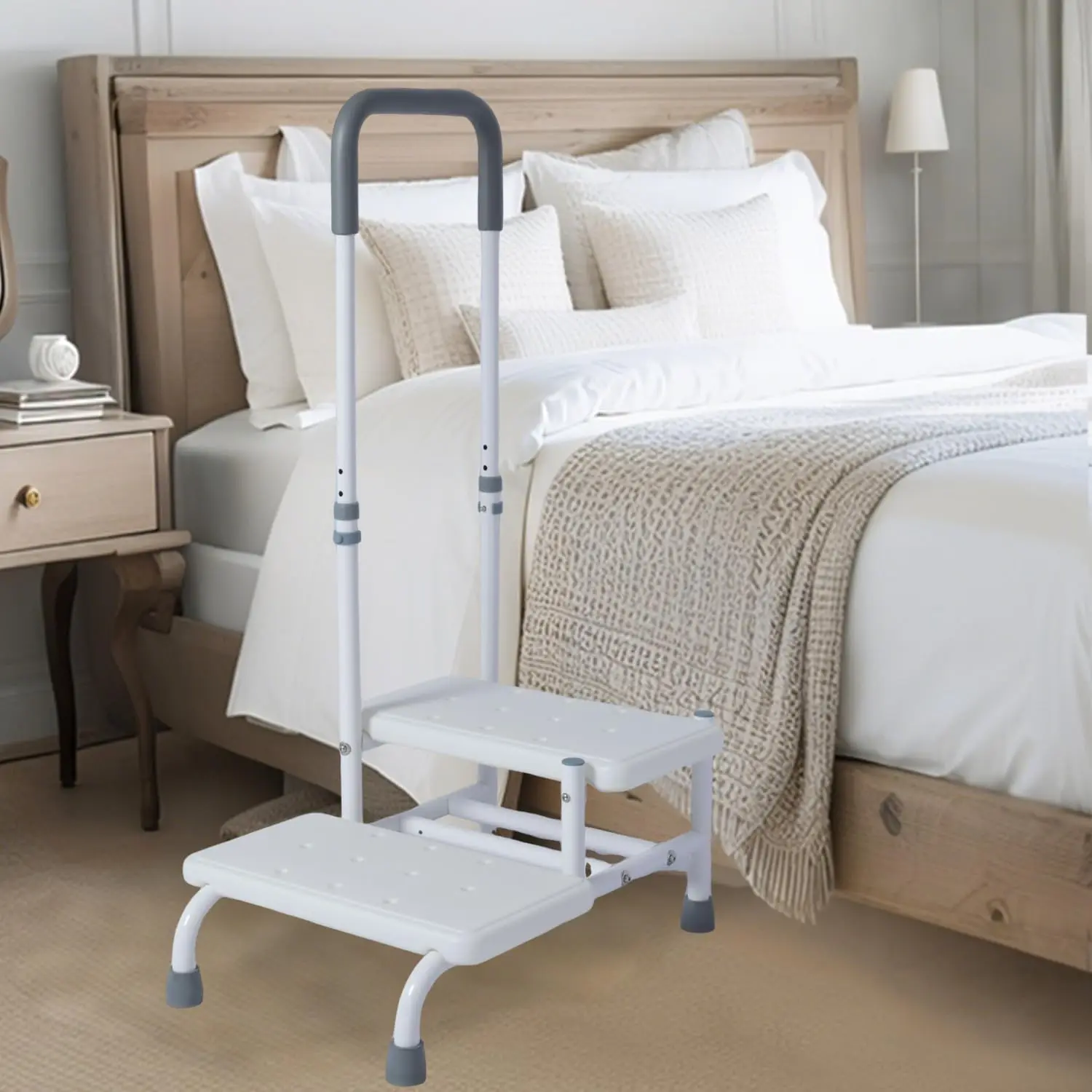 

Elderly Step Stool with Adjustable Handrail, Non-Slip Platform for High Beds, Kitchen Bathroom RV Use, Supports 350LBS