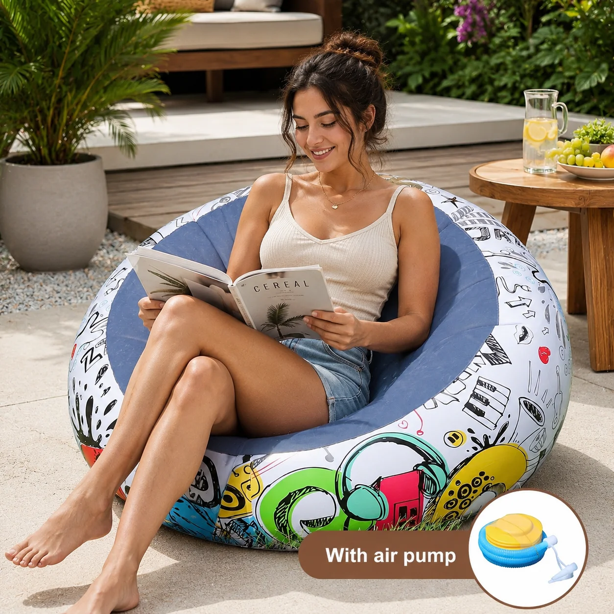 Inflatable Graffiti Lounge Chair with Air Pump, Portable Round Sofa Seat for Bedroom, Living Room, Patio and Camping