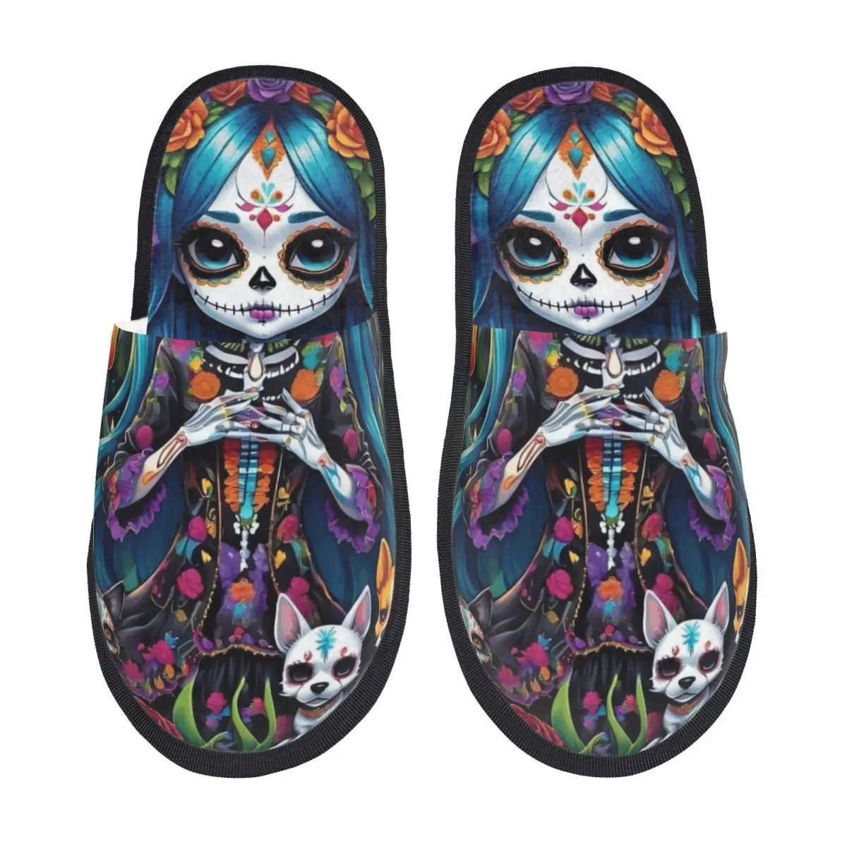 Custom Day Of The Dead Sugar Skull Animals Soft Memory Foam House Slippers Women Comfy Warm Anti-skid Sole Slipper