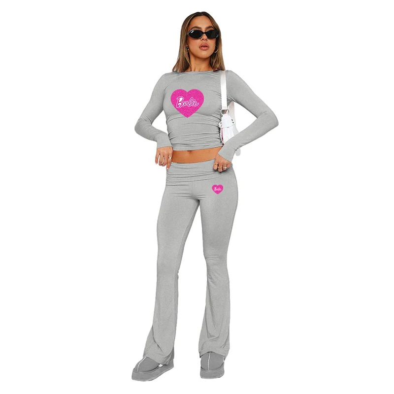 Seamless Kawaii Barbie Girls 2Pcs Sport Outfits Anime Cartoon Women All-Match Casual Gym Slim Long Sleeves Trousers Tracksuit