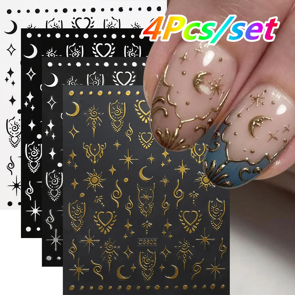 4 Blatt/Set Römischer Buchstabe Nagelaufkleber 3D Laser Gold/Silber/Schwarz/Weiß Buchstaben Nagelaufkleber DIY Altes Alphabet Maniküre Slider NK*4