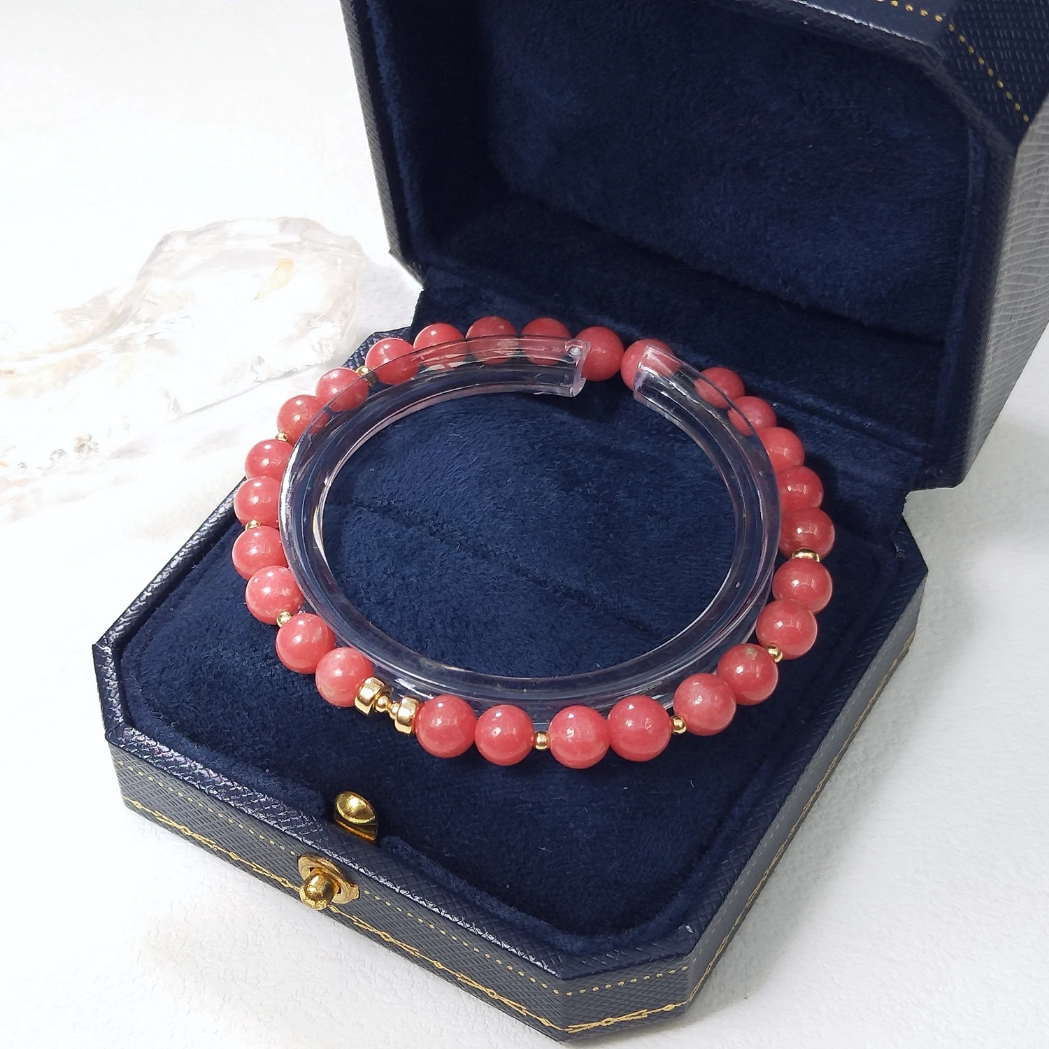 Lii Ji Natural Thulite 6/8mm With Crystal American 14K Gold Filled Elastic Bracelet