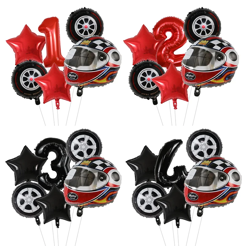 6Pcs Race Car Themed Party Decor Motorcycle Helmet Tire Wheel Foil Balloons Boy Hot Wheels Birthday Supplies Two Quick Birthday