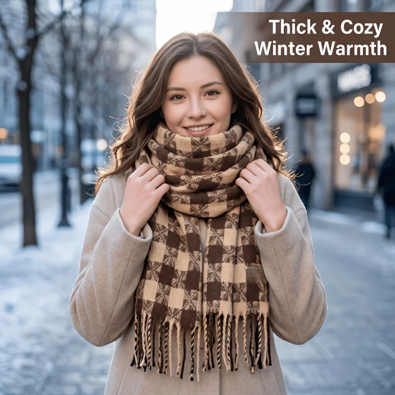 One Scarf, Faux Fringe Plaid Design, Winter Daily Warmth Outdoor Outfit, Couple, Long Thick Korean Style Shawl Snood Two-in-One,