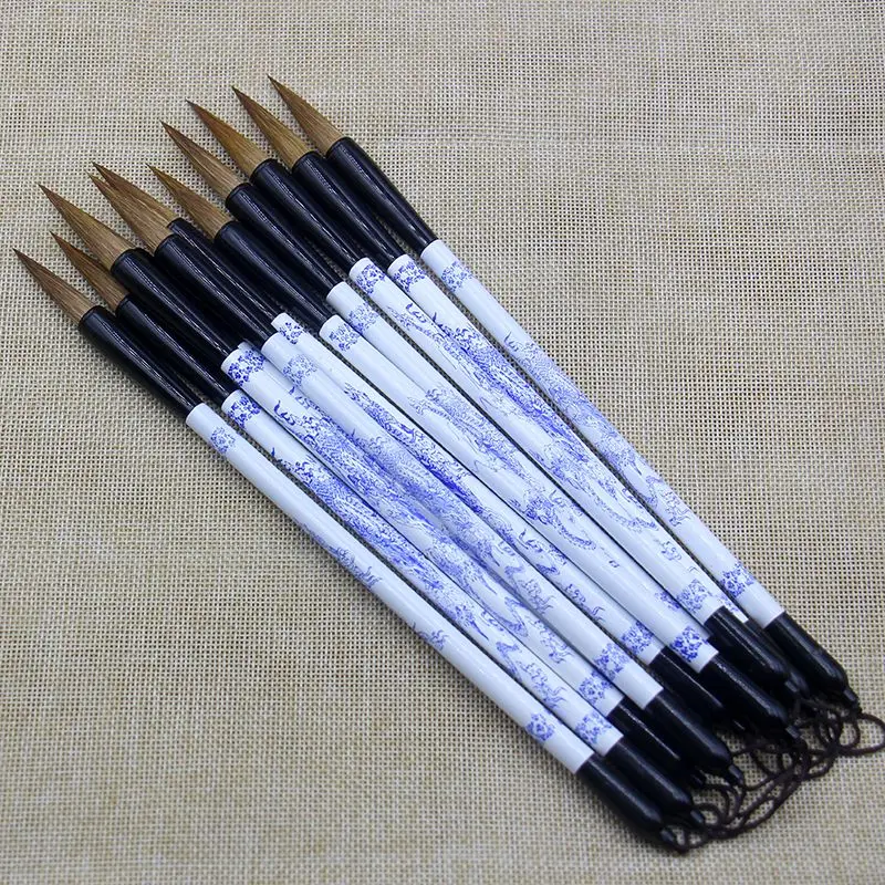 Handmade Metal Caligrafia Escrita Escova, cabelo de lã, pincéis de pintura tradicional, canetas chinesas, atacado, 10 pcs por lote