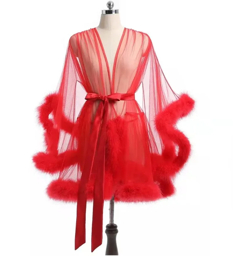 Ladies Bridal Party Pajamas Feather Soft Tulle Wedding Robes for Bride Sexy Robe