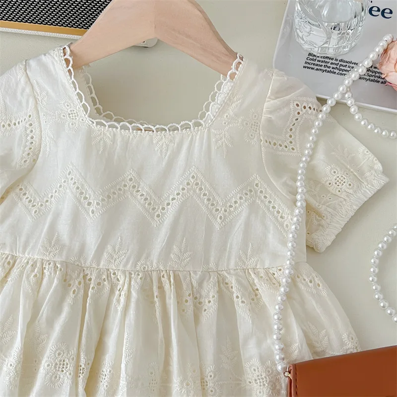 Girls Hollow Bubble Sleeve Dress Kids Round Neck Short Sleeve Solid Color Clothes Summer New Children\'s Lace Casual Frock 2-8Y