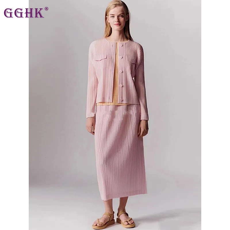 GGHK Pleated Women 2 Piece Round Neck Long Sleeve Solid Color Classic Top High Waist Casual Skirt 2025 Spring Fall New Set