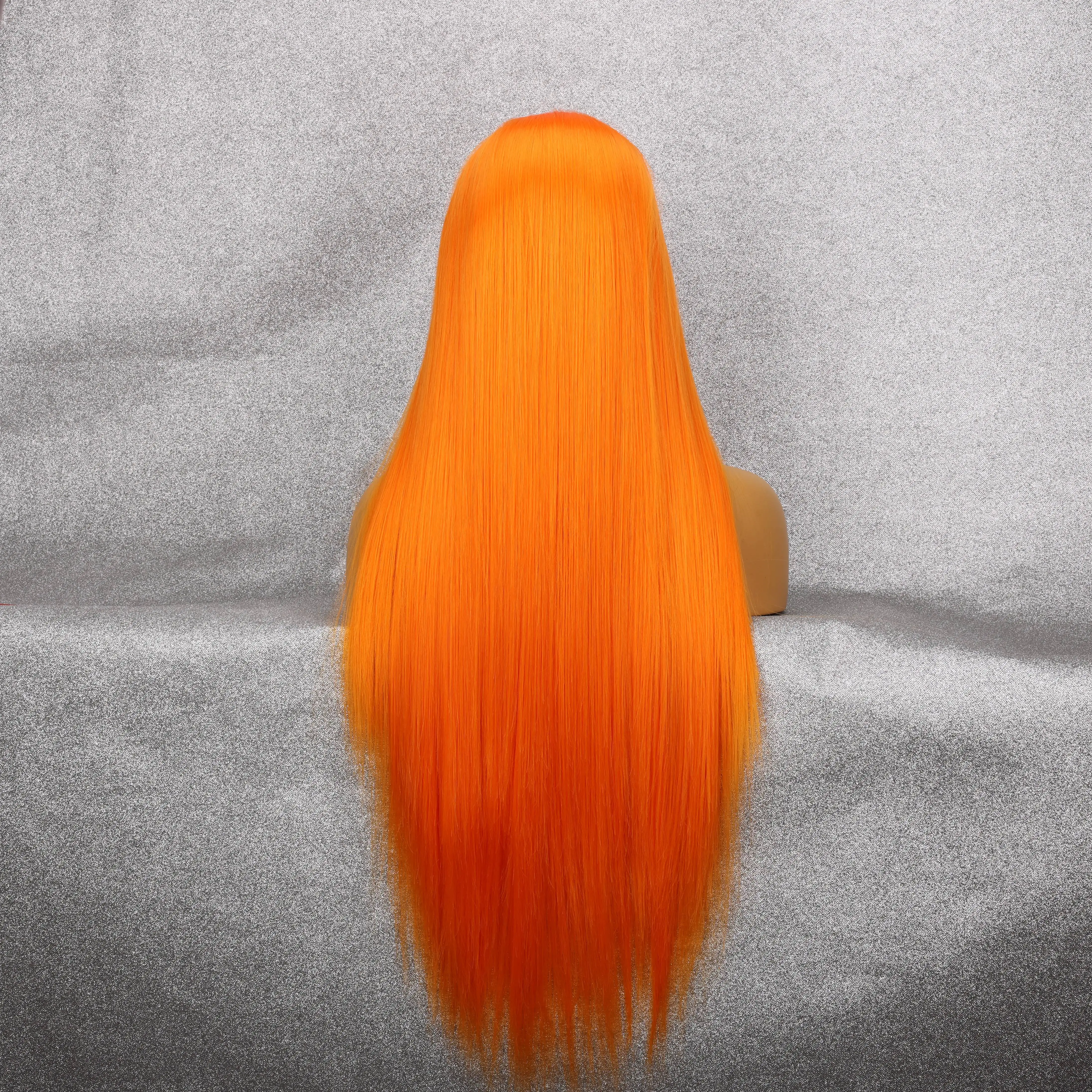 Orange Front Lace Synthetic Long Straight Wig Soft Comfortable Mesh Cap Breathable Comfortable Cosplay Women's Wig