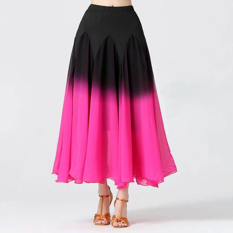 Women's Gradient Ballroom Dance Big Swing Skirt Waltz Latin Dancewear Elegant Soft Performance Long Skirt