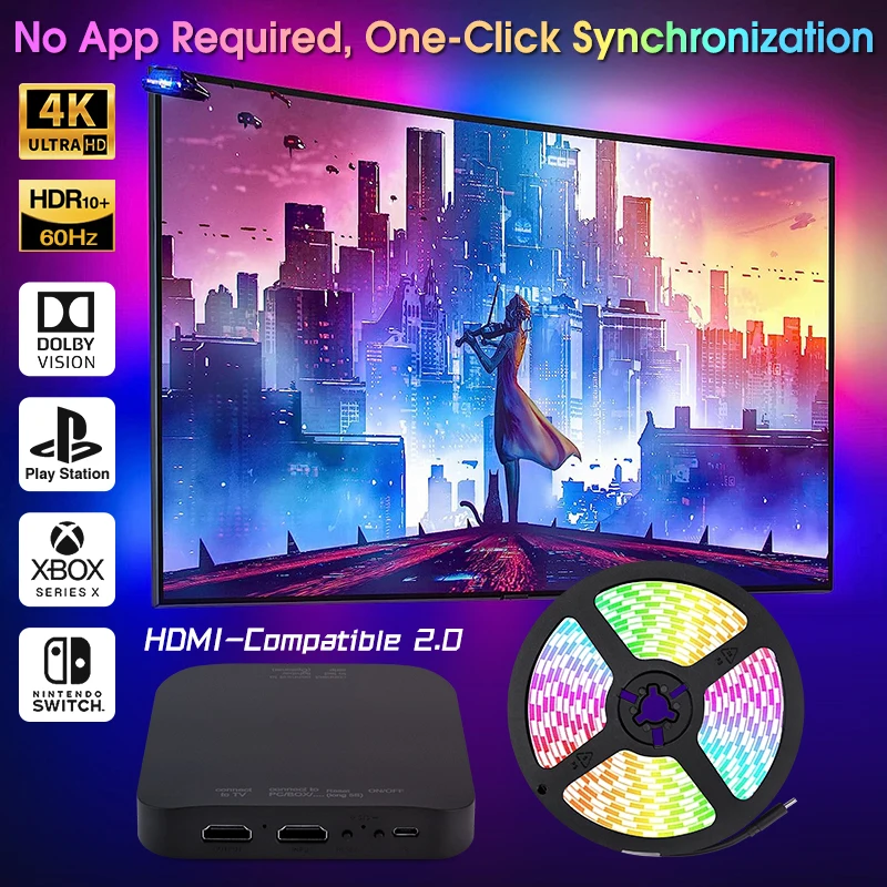 Luzes de tira LED para TV e PC, retroiluminação ambiente, fita RGB, sincronização de cores, sincronização de um botão, dispositivo HDMI 2.0 4K