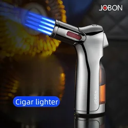 JOBON Portable Cigar Lighter 360° Use Four Strong Blue Flame 1300°C Torch Turbine Jet Windproof Lighter Cigar Cutter Men's Gift