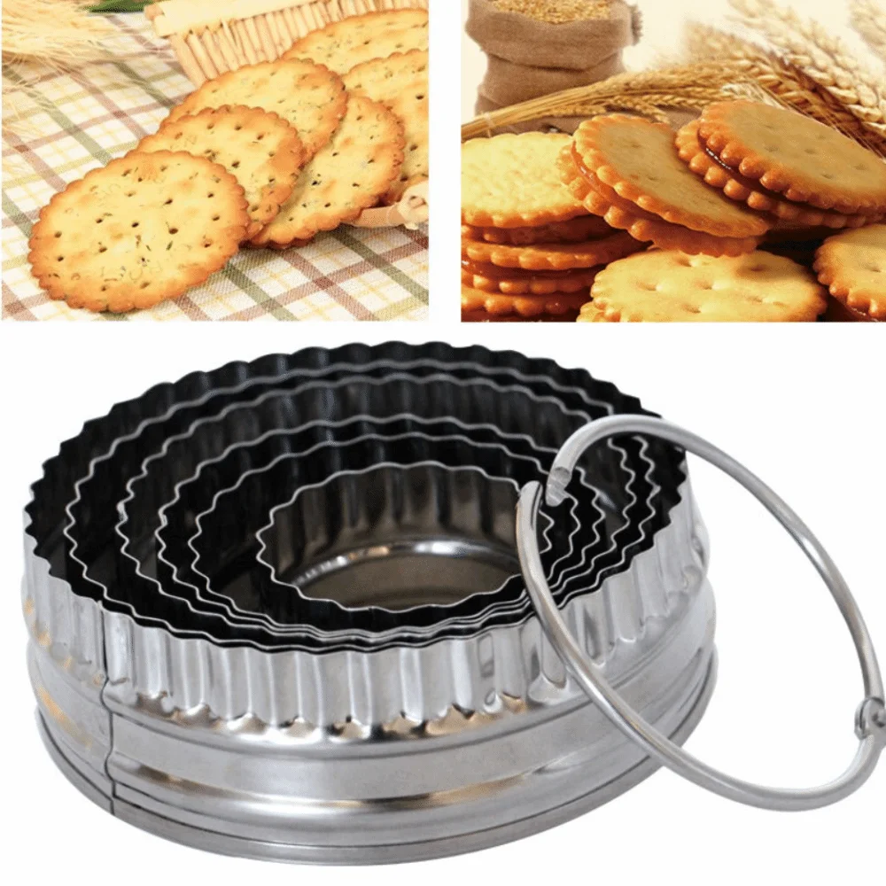 

6Pcs Stainless Steel Ruffled Edge Round Biscuit Mold Rust-proof Corrosion-resistant Wavy Hem Biscuit Cutter Hand Press Type DIY