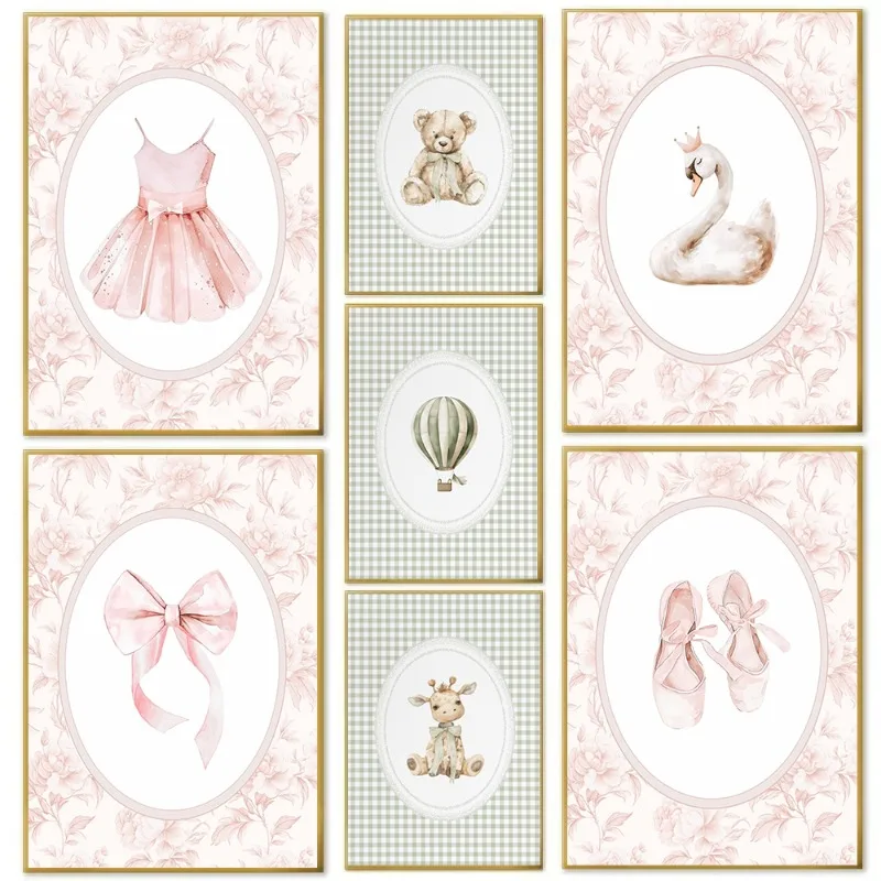 Vintage Ballet Wall Art with Ballerina Sage Green Hot Air Balloon Bear Bow Poster Neutral Nursery Little Girl Boys Room Decor