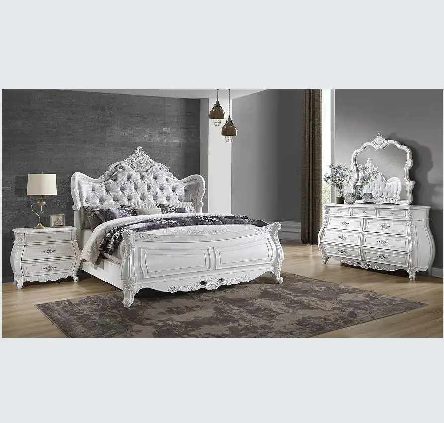 ！@Modern Luxury 4 Pc Queen Bedroom Set with Solid Wood Construction Storage Dressing Table in Pearl White