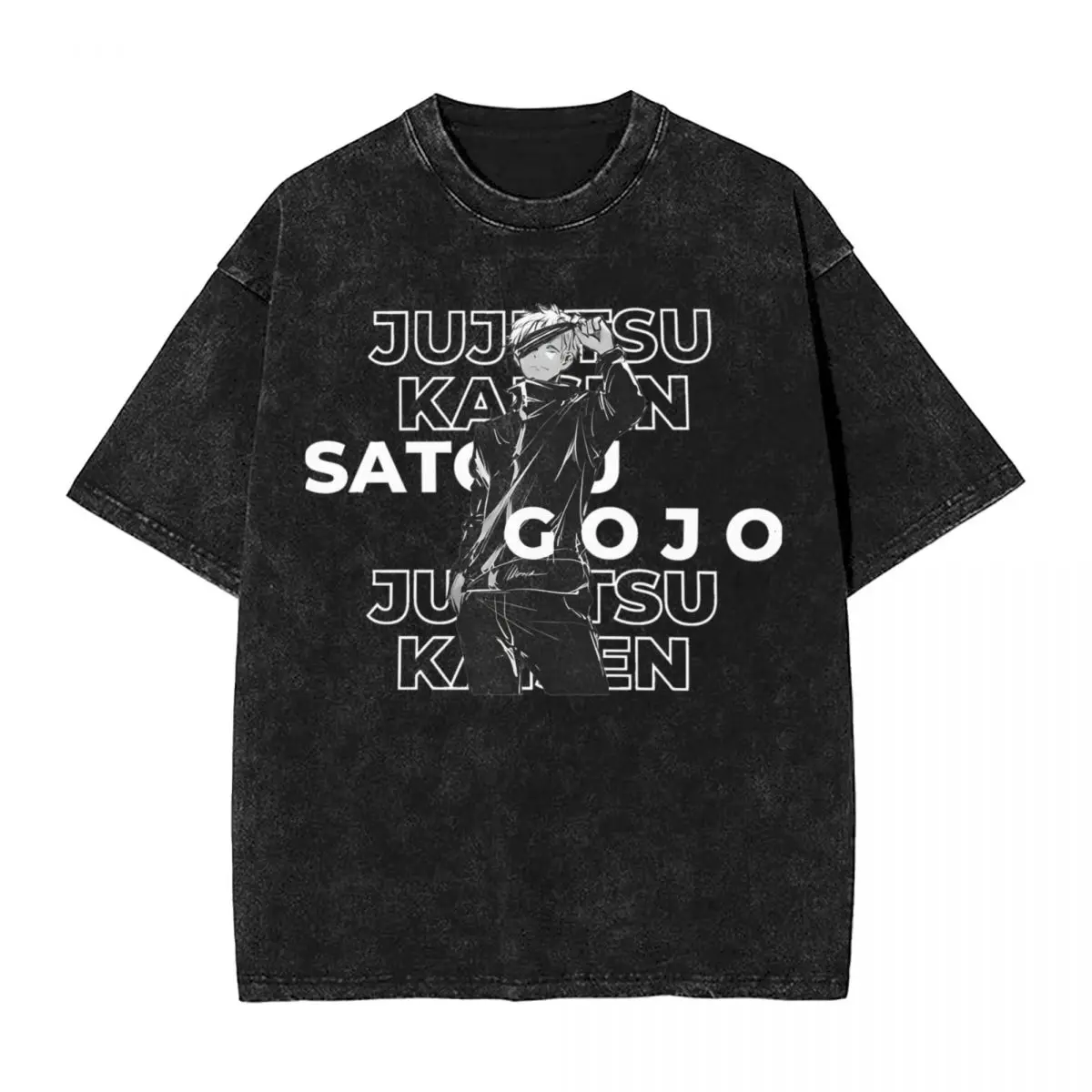 Gojo Satoru Typography Art T Shirt Hip Hop Washed Cotton Oversize T-Shirt Anime Jujutsu Kaisen for Men Women Tops Printed Tees