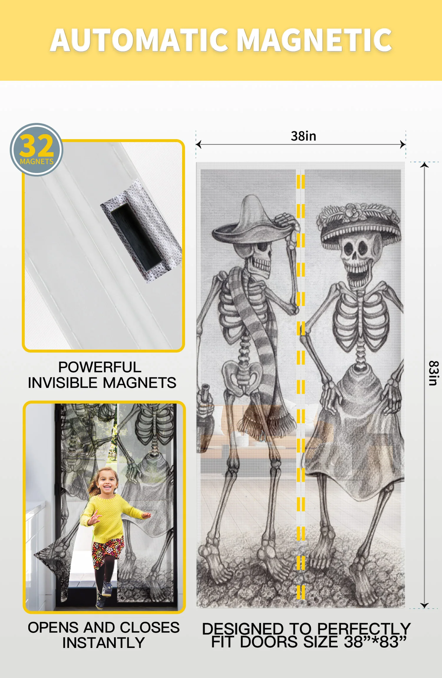 Skull Skeleton Hat Bottle Magnetic Screen Door Curtain Home Summer Window Mosquito Net for Kitchen Bedroom