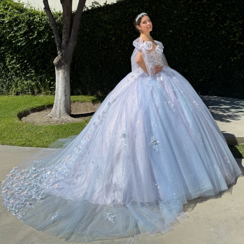 

Blue Shiny Quinceanera Dresses Off The Shoulder Applique Lace Beading Tull Party Birthday Sweet 16 Dress Vestidos 15 De Anos