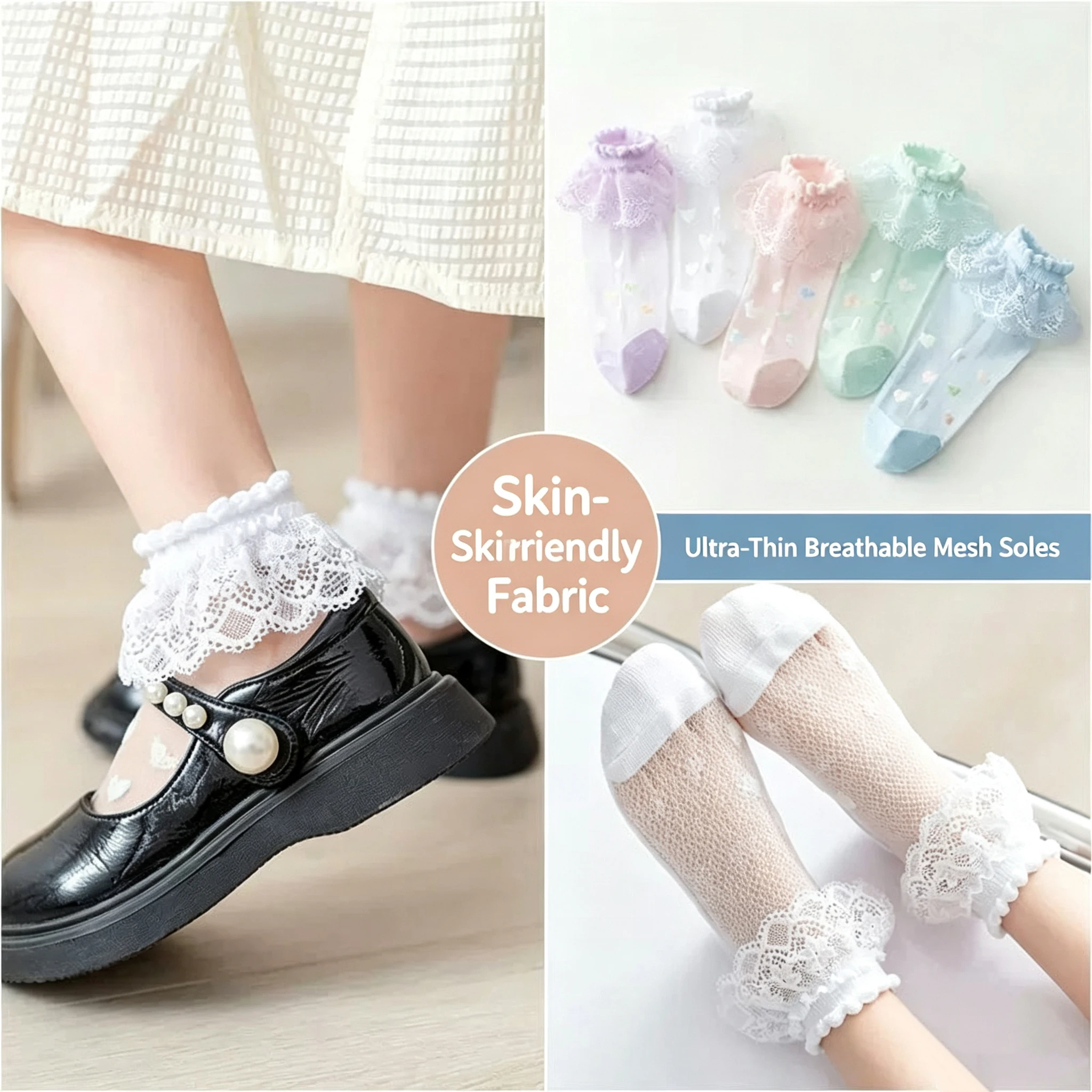 5 Paar Mädchen-Spitzensocken mit Rüschen, Sommerliche Dünne Transparente Kristallnetz-Socken mit Herzmuster, Atmungsaktive Prinzessinnen-Socken für Kleine Mädchen – Detail 3