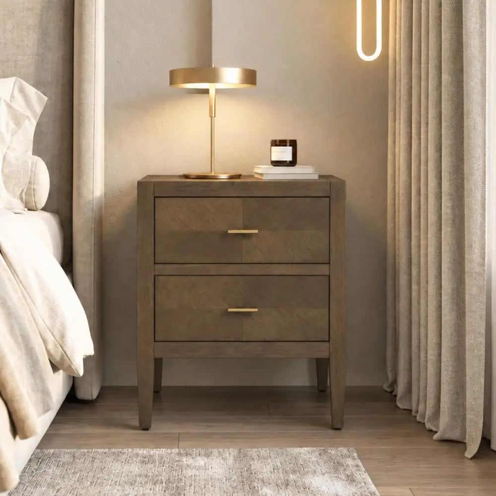 Solid Wood Nightstand 2 Drawers Bedroom Side Table Mocha Walnut, Customized