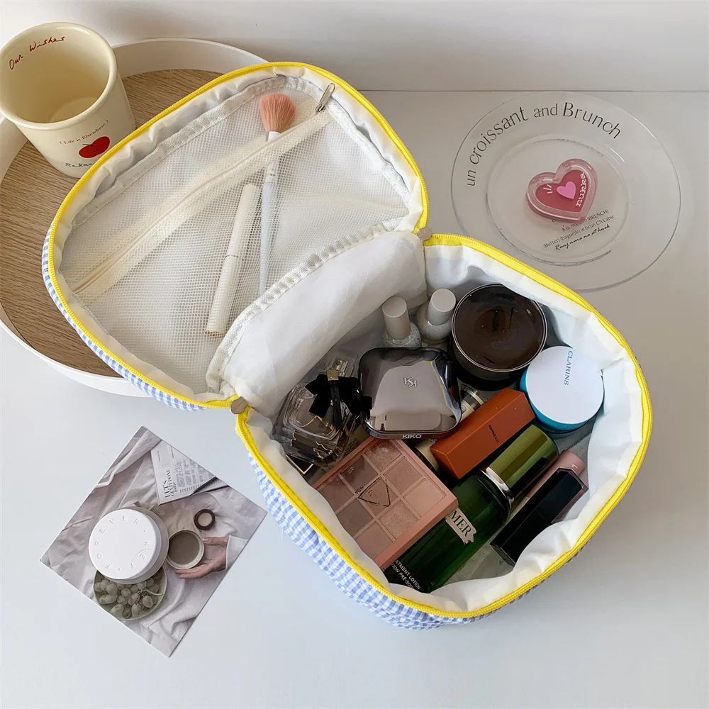 3pcs/Set Plaid Cosmetic Bag Set Simple Style Large Capacity Portable Cosmetic Tools Storage Bag for Home Bathroom Toiletry Bag