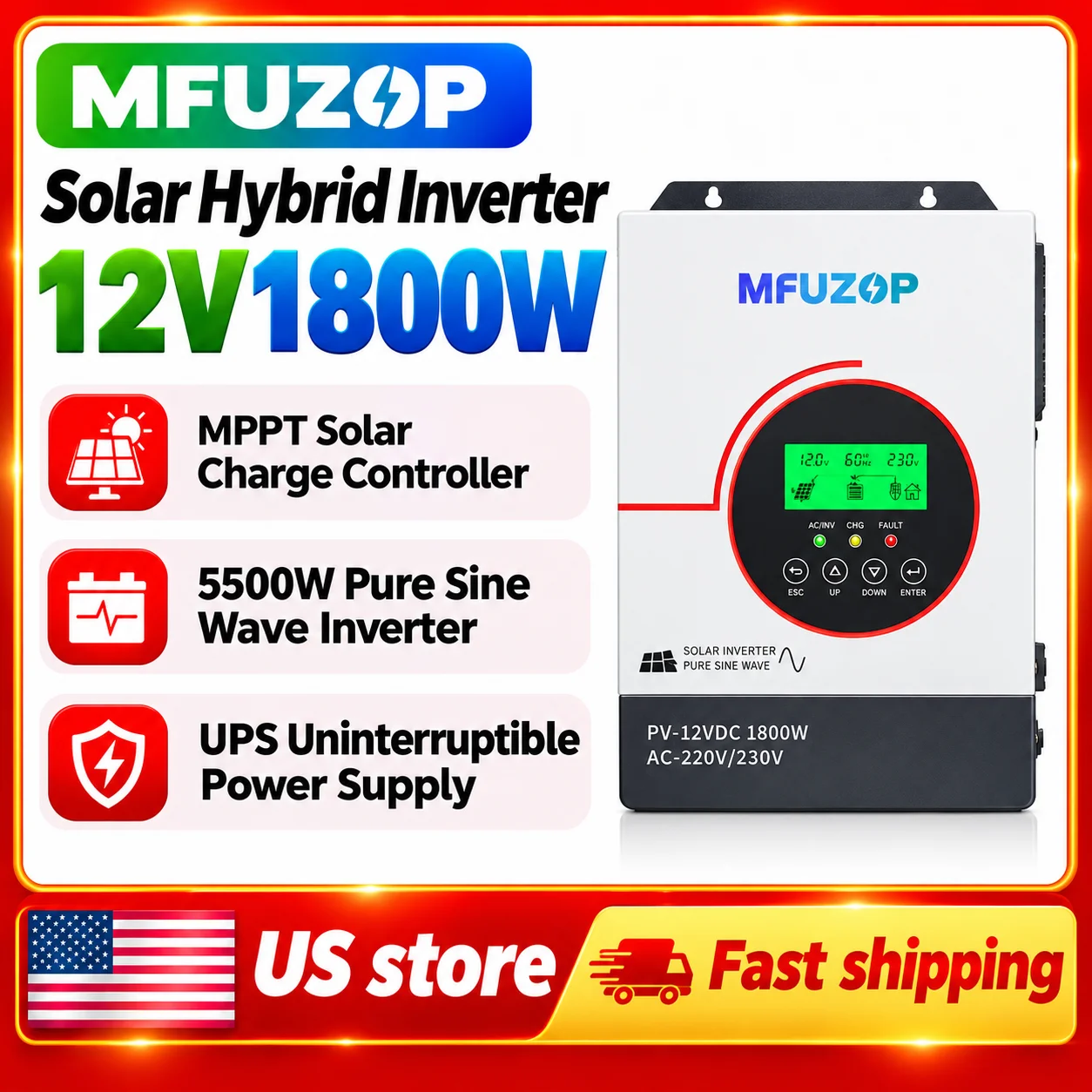 MFUZOP 12V1800W Hybrid Solar Inverter,12V DC to 110/120V AC,Pure Sine Wave Inversor Built in 100A MPPT Charger,Max. PV Input 2500W 300Vdc, Off Grid Inverter, for Lead Acid/LiFePO4,Home Backup