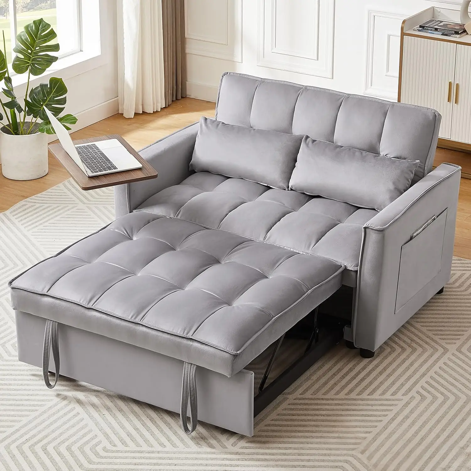 

3 in 1 Loveseat Velvet Convertible Chair with 2 Pockets & 2 Pillows for Living Room, Grey