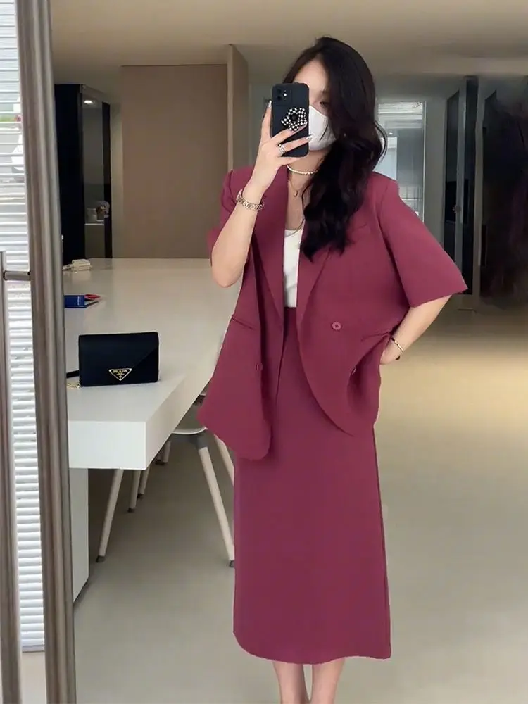 Women\'s Summer New Fashion Thin Short Sleeved Suit+Midi Skirt Two Piece Korean Elegant Loose Blazers Jacket Dress Matching Set