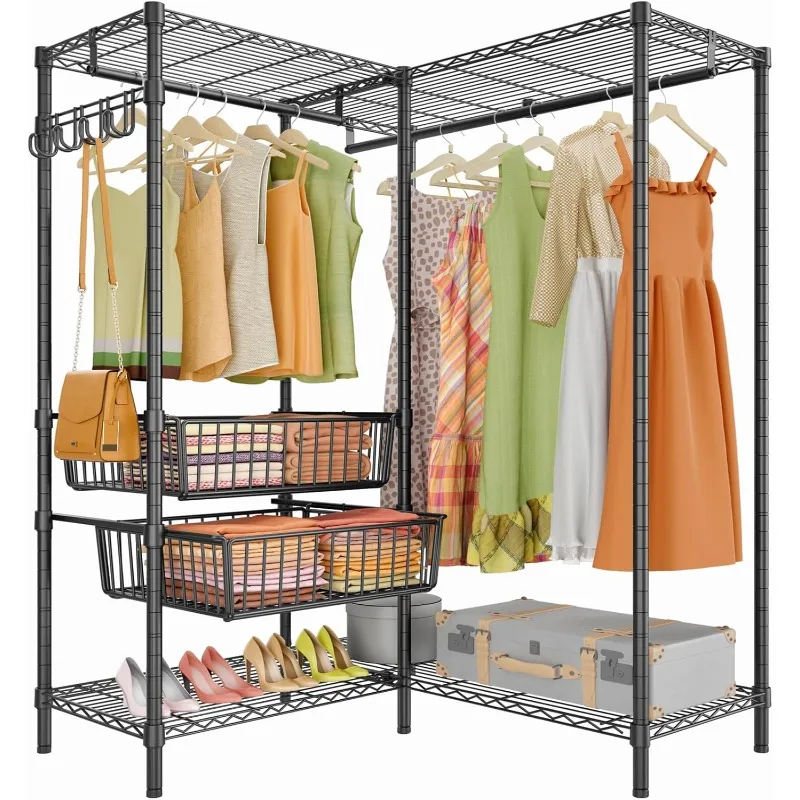 

Modern Clothing Rack for Hanging Clothes, L Shaped Garment Rack with Slide Baskets & Adjustable Shelves Metal Clothing Rack