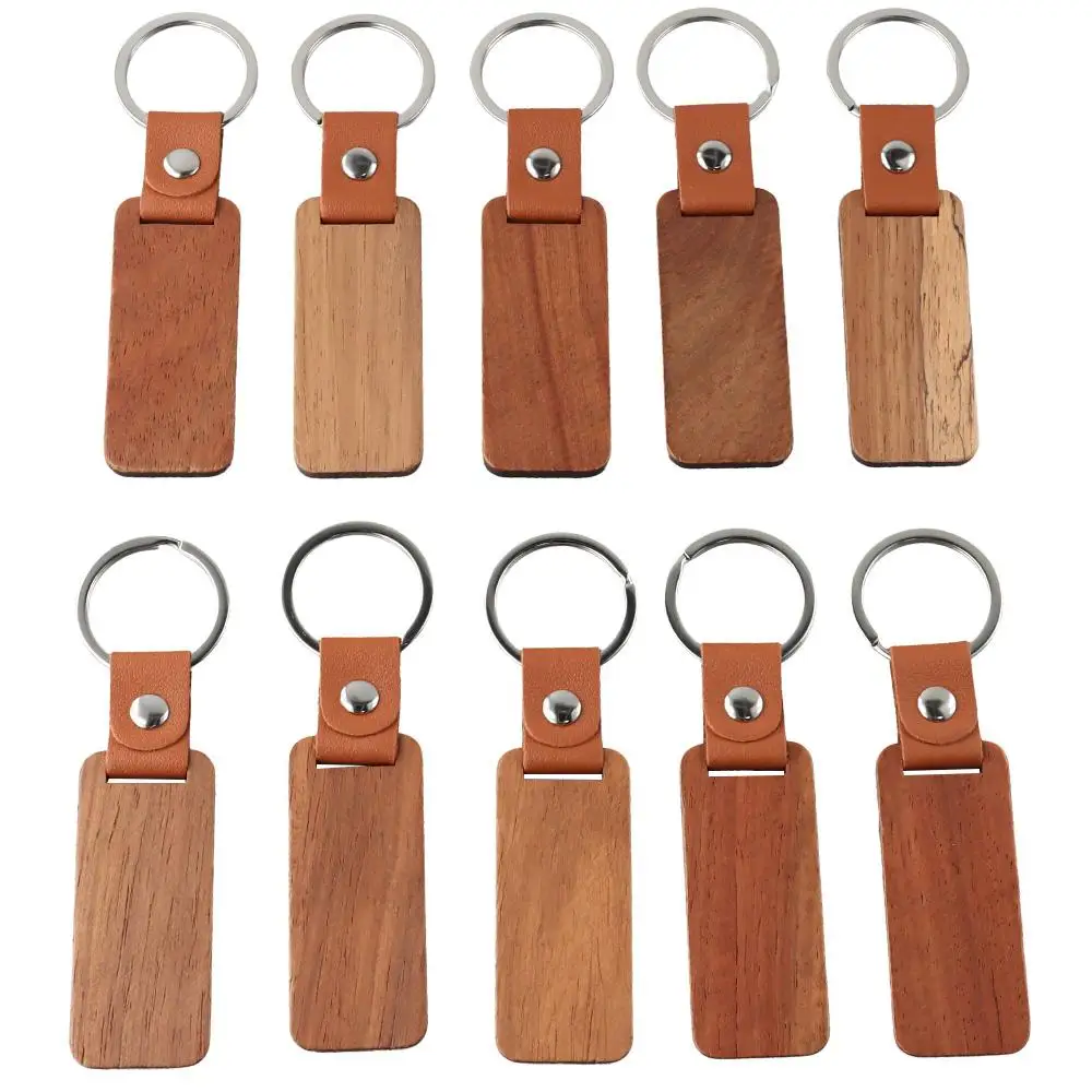 Walnut Wood Unfinished Wood Wooden Rectangle Wood Keychain Leather Leather Keychain DIY Engraving Gift