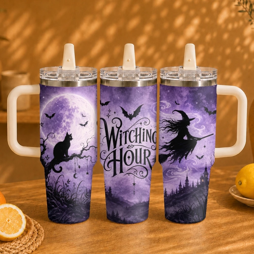 Halloween Night Witch Vacuum Flasks 40oz Vacuum Insulated Travel Mug - Stainless Steel Straw Cup Lid