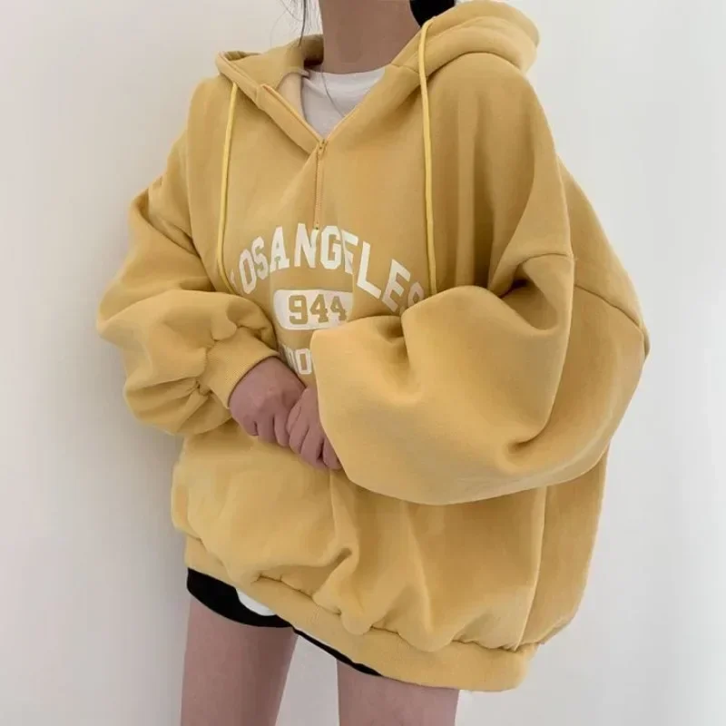 

Autumn Winter Korean Harajuku Vintage Women Baggy Hooded Sweatshirt Half Zipper Pullover Long Sleeve Hoodies Tops Y2k Streetwear
