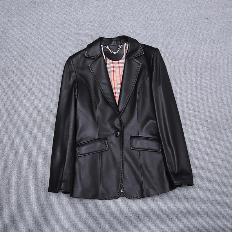 Blazer en cuir véritable pour femme, vestes en peau de mouton, design en arc, un bouton, tout match, mince, trempé, décontracté, progressif, printemps, automne