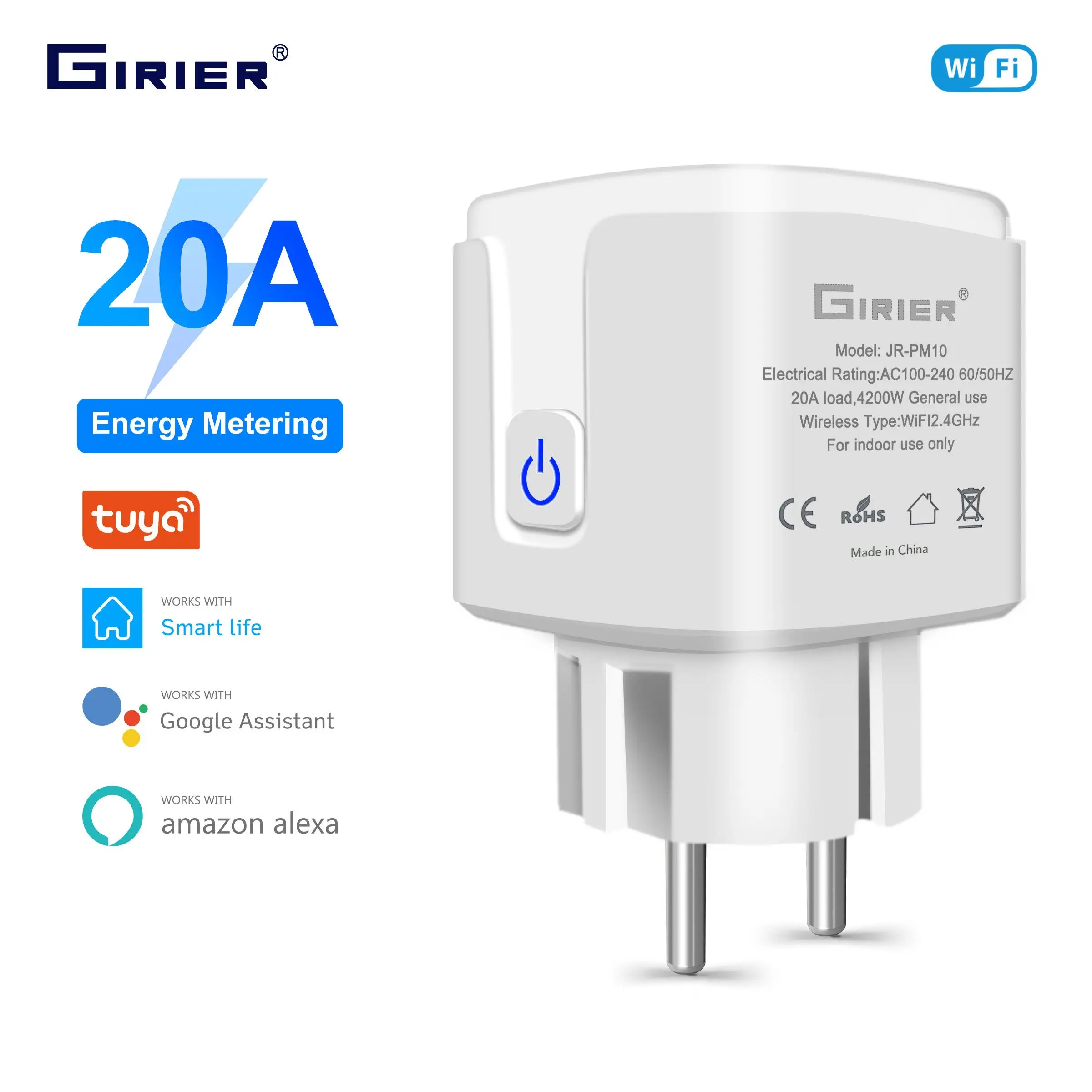 GIRIER Tuya Wifi Smart Plug 20A EU Smart Socket Outlet with Power Monitor Timer Function 4200W Compatible with Alexa Google Home