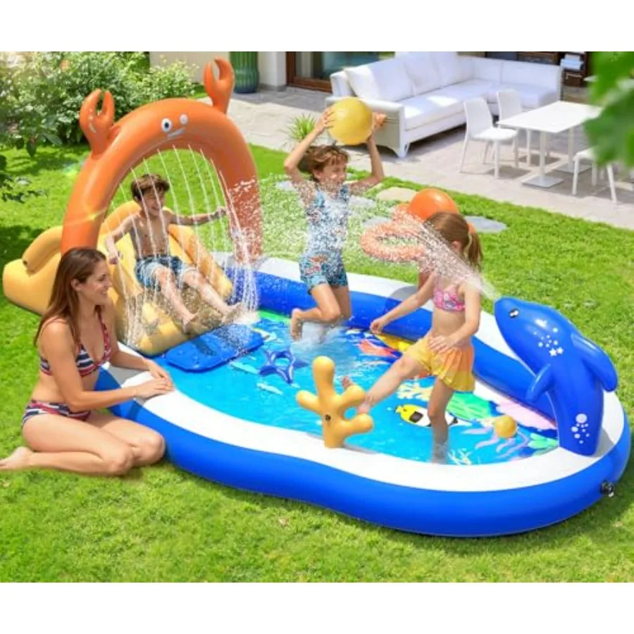 

Backyard inflatable water park for kids: PVC, blue, extra-large 118x68x48 play center with slide, sprinkler, and kiddie pool fo