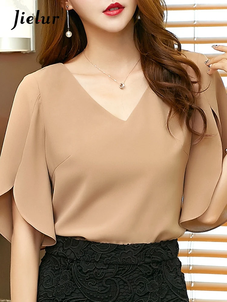 Jielur Blus Musim Panas Wanita Kemeja Sifon Solid Kasual Blus Wanita Longgar Korea Lengan Kupu-kupu Blusa Feminina Atasan Hitam