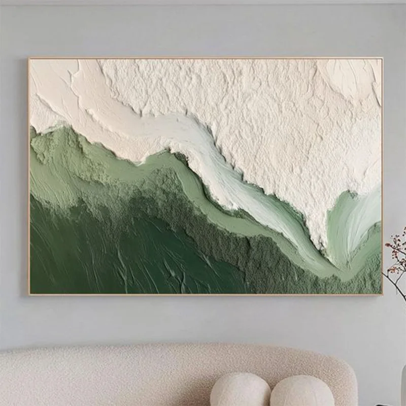 Popular Deep Green Beige Wave Canvas Thick Artwork New Hand Made Simplism Design Green Land People Cycling Oil Painting For Deco