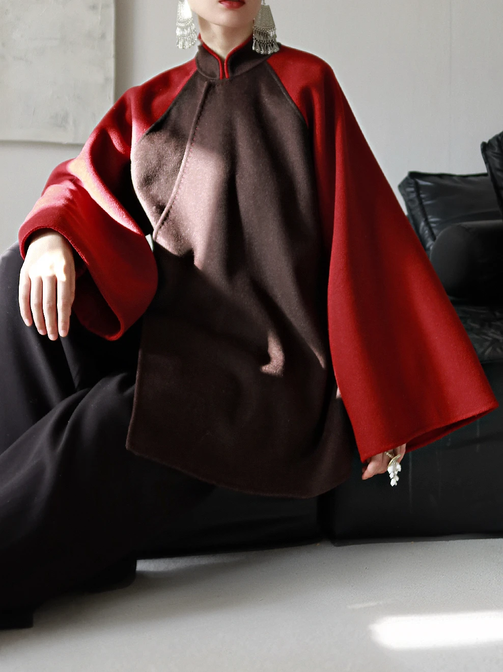 

TAORAN Women's Mid-Length Woolen Coat with Stand Collar Patchwork Outerwear Autumn Winter Zen Tea Costume Chinese Sle