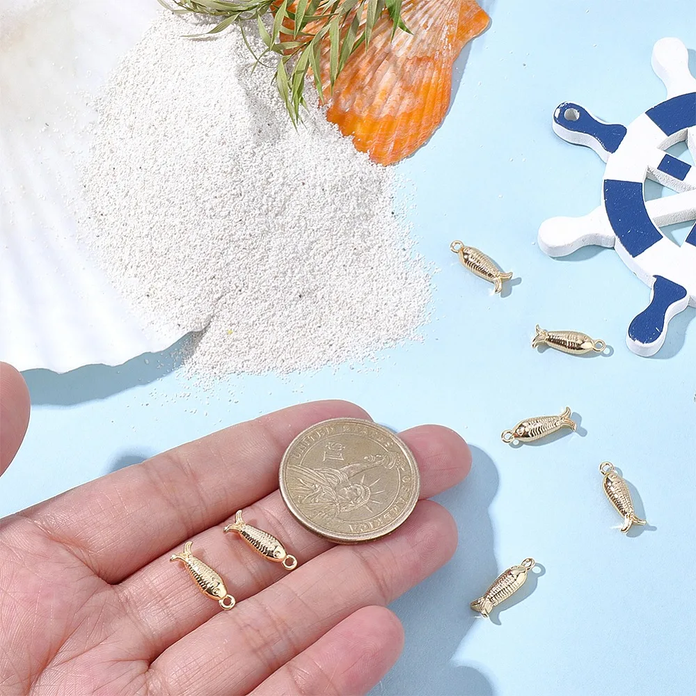 10Pcs Brass Charms Cadmium Free Nickel Free Lead Free Fish Charms Real 18K Gold Plated 14.5x5.5x3.5mm Hole: 1.4mm view 3