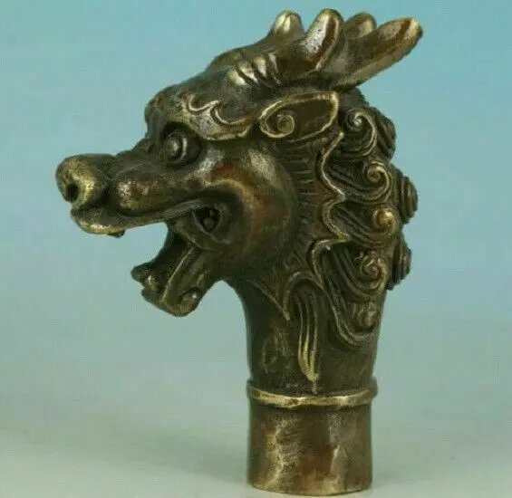 Asian Chinese Old Bronze Handwork Carved Dragon Statue Walking Stick Head
