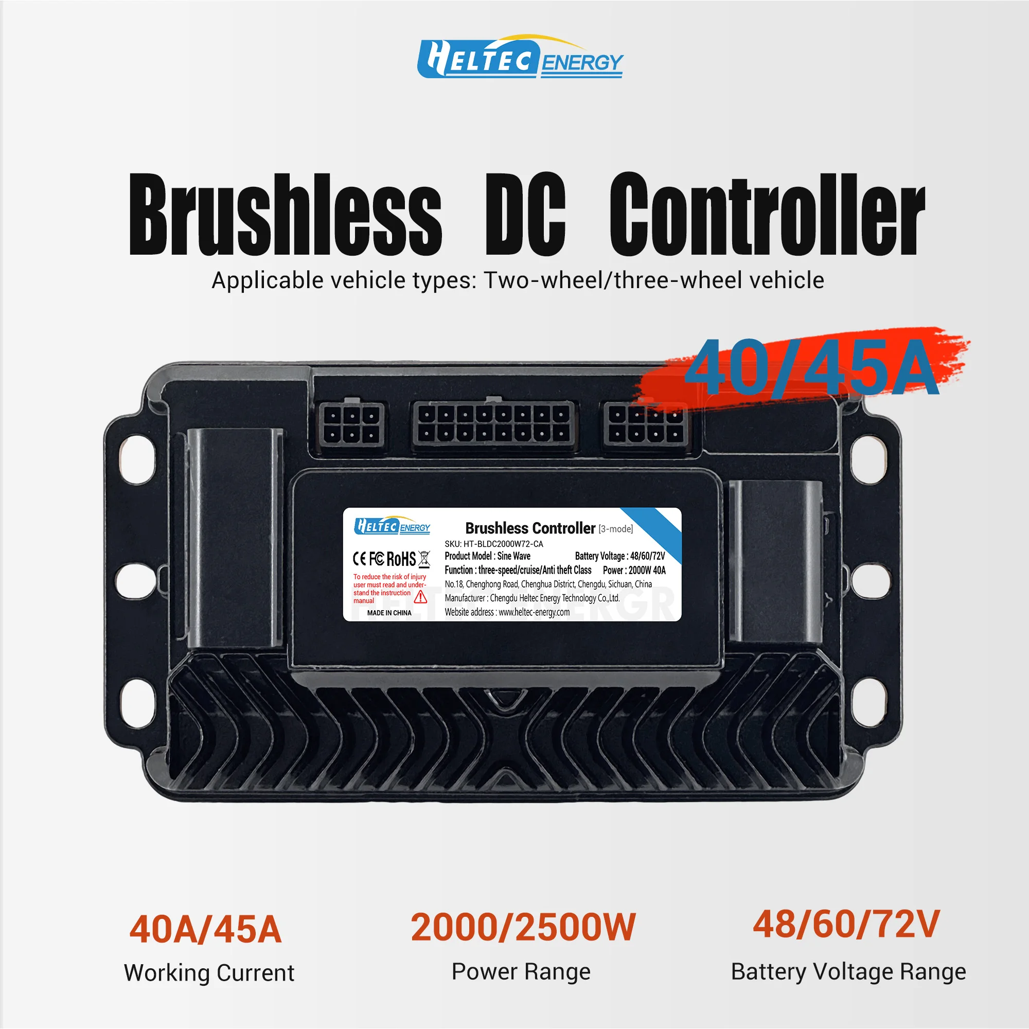 Heltec 2000W 2500W Wireless Brushless DC Controller 48V 60V 72V for Electric Scooter E-Bike Electric Tricycle