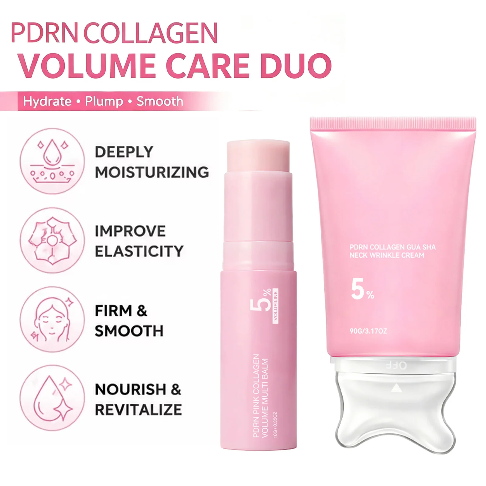 PDRN Collagen Face & Neck Firming Cream Set Volume Balm Stick Gua Sha Neck Cream Massager Hydrating Smoothing Plumping Skin Care