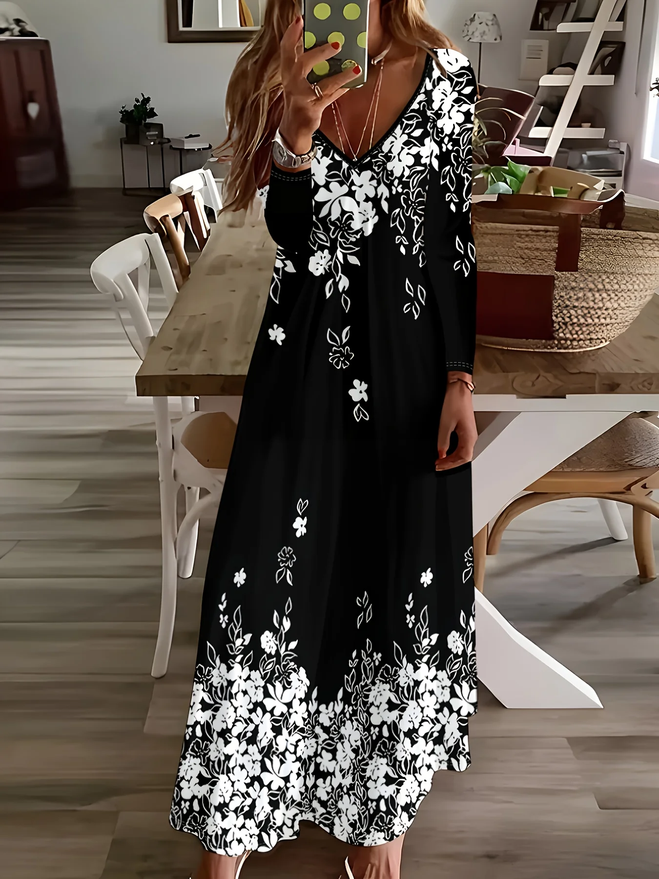 Damen Langarm V-Ausschnitt Blumenprint Kleid Urlaubsstil Elegantes Sommerkleid Lässige Bürokleidung Fließendes A-Linien Midikleid