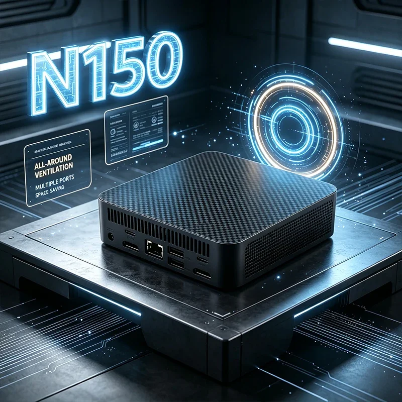 N150 Mini PC with Carbon Fiber Texture - Space-Saving All-Round Ventilated Desktop with Multiple Ports for Home Office Business