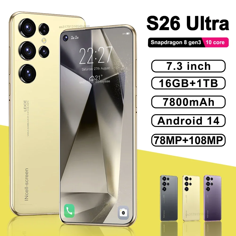 

Original S26 Ultra Smartphone 5G 7.3inch HD 22G+2TB Cell Phone Dual SIM Mobile Phones 78+108MP 7800mAh Android 14 Unlocked NFC